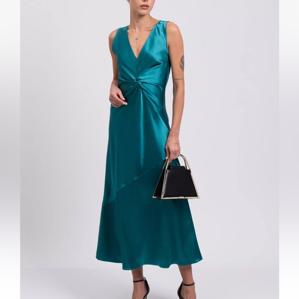 Anthro Pinko $378 Green Satin Twist  Midi Bias Cut Slip Dress Size 38 US 2 XS
